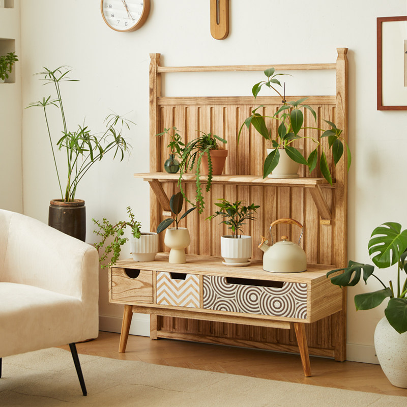 复古实木花架置物架阳台多层收纳架子客厅多功能落地式玄关置物柜