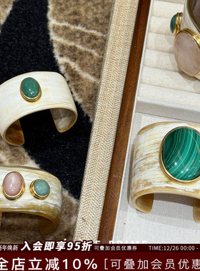 HELENE PRIME法式天然石宽细版开口手镯手工重工轻奢个性高级腕饰