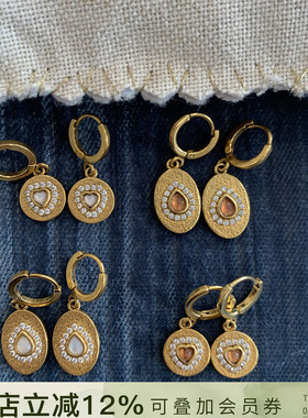 法国LA2L正品 复古圆形吊坠耳环法式天然石金色镶钻爱心水滴耳饰