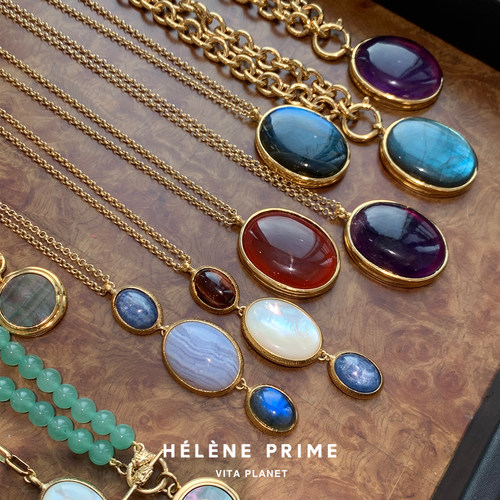 HELENE PRIME法国法式天然石大吊坠项链小众手工制作高级感毛衣链