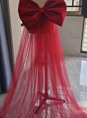 白色酒红色蝴蝶结拖尾新娘婚纱礼服配饰纱飘拖尾