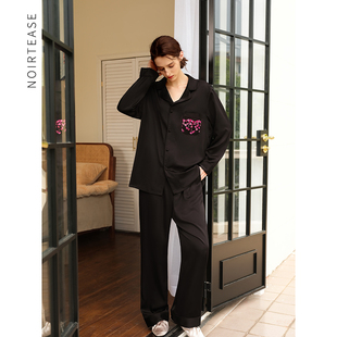 NT春秋薄款宽松丝质睡衣女士性感男友风长袖家居服两件套装可外穿