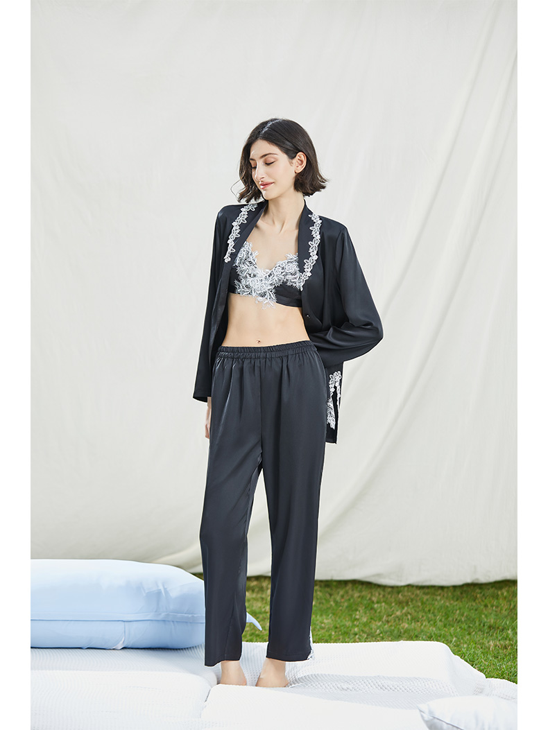 秋冬薄款性感丝质睡衣女士蕾丝