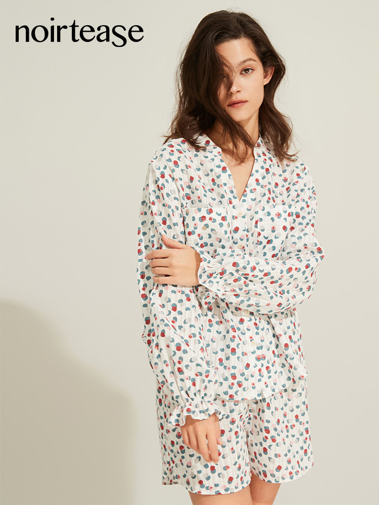 NT奈黎诗夏季薄款纯棉睡衣女士V领短裤印花两件套装可外穿