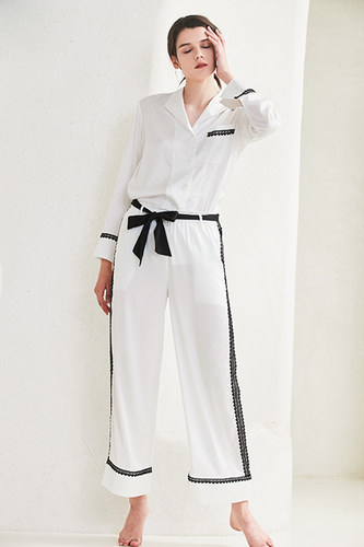 NT奈黎诗春秋薄款丝质提花长袖家居服套装女撞色阔腿裤睡衣两件套 - 封面