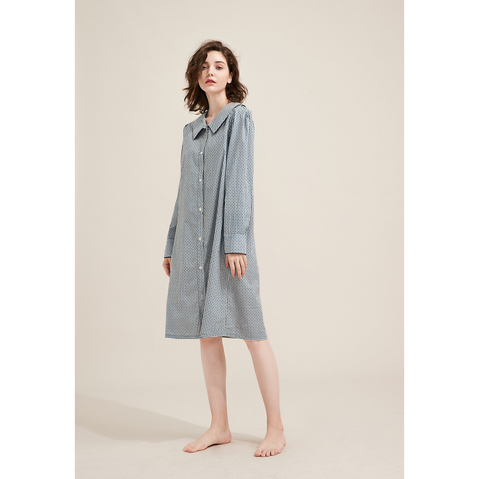 NT奈黎诗春秋可外穿娃娃领纯棉全棉宽松直筒长袖中长款睡衣睡裙女