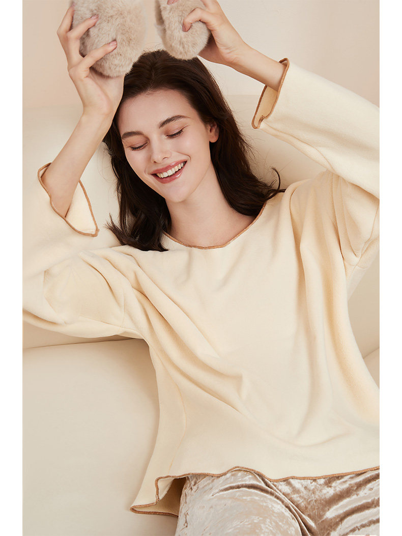 NT冬季加绒加厚保暖睡衣女士摇粒绒套头长裤家居服两件套装