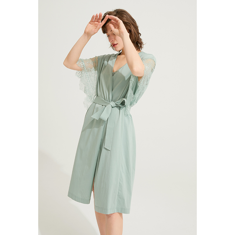 noirtease春夏蕾丝袖中长款晨袍