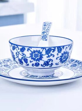 网红青花瓷饭碗三件套家用吃饭碗骨碟套装树信青花碗勺子青花筷子