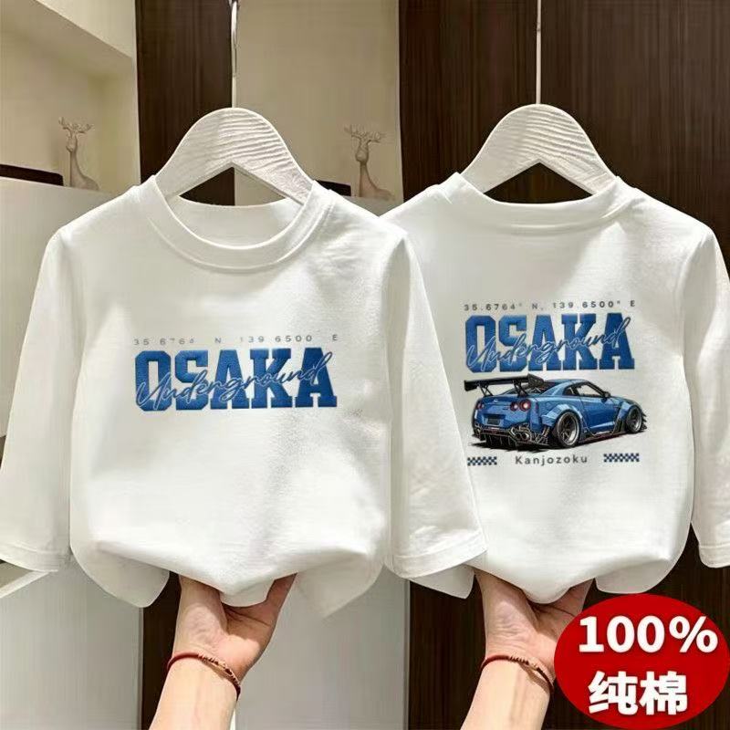 儿童纯棉七分袖T恤男童OSAKA赛车印花中袖上衣宝宝圆领潮款打底衫