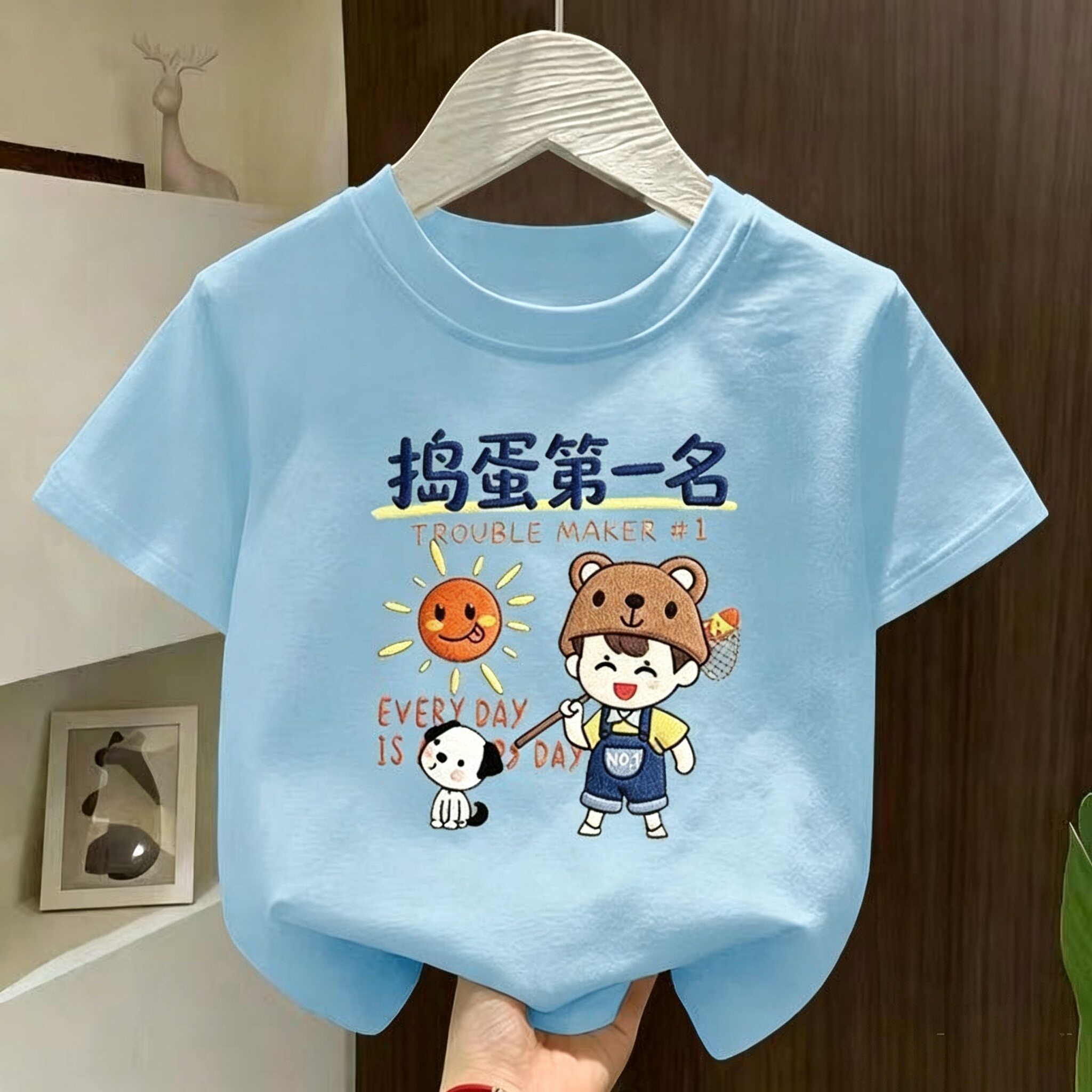 男童纯棉短袖T恤夏季中小童宝宝 捣蛋第一名卡通印花软萌上衣