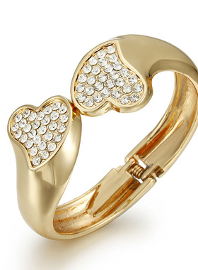 欧美手镯原创设计钻石爱心女生手镯精致轻奢风金色外贸合金手饰品