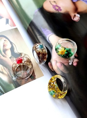 高级时尚透明滴胶花朵earrings耐久花树叶内置干花真花亚克力戒指