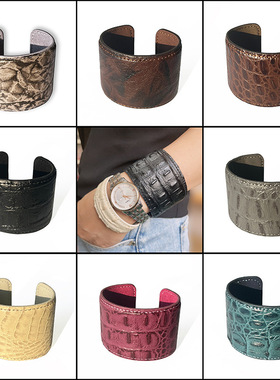 朋克风嘻哈款宽版牛皮手镯开口可调节鳄鱼皮纹理多色复古个性手环