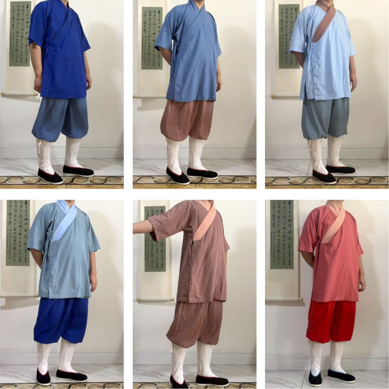 中国风斜襟汉服纯色汉元素茶服复古男士短袖古装平民薄款汉服