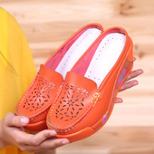 镂空时尚 真皮无后跟防水台坡跟懒人拖鞋 松糕厚底增高凉拖女鞋 百搭