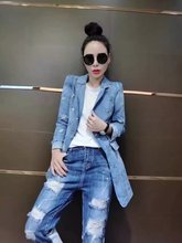 潮欧货亮片中长款 西装 上衣水洗磨白牛仔外套女 欧洲站2017春季 新款