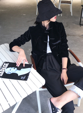 DIBO秋装新款原创复古黑色丝绒外套女宽松时尚气质新中式盘扣上衣