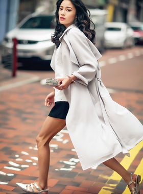 西装领灰色风衣外套女秋季新品欧美风宽松显瘦薄款中长款过膝大衣