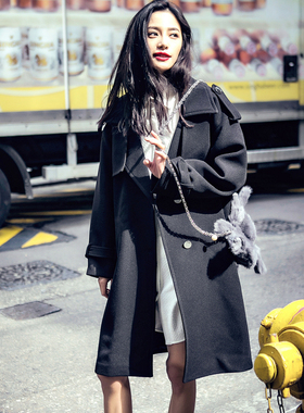 黑色军装毛呢大衣女冬季新品宽松显瘦中长款英伦外套双排扣系带