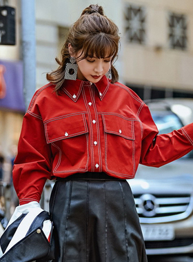 秋季新款复古红色衬衫女港味明线撞色文艺插肩袖显瘦炸街衬衣潮酷