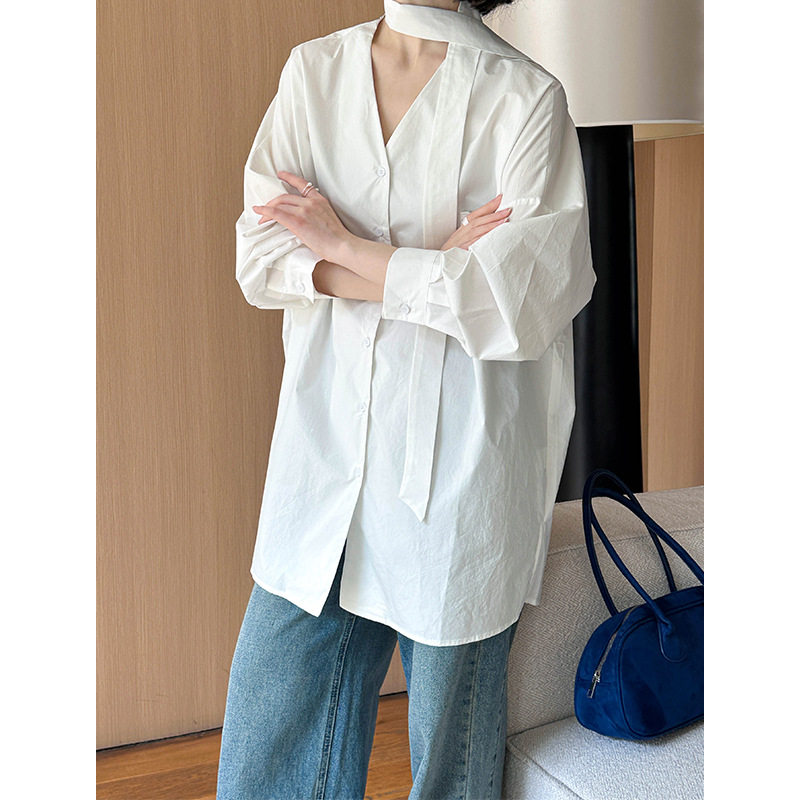秋季韩版挂脖V领显瘦长款衬衫女