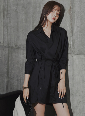 不对称衬衫女不规则个性设计心机上衣宽松慵懒风黑色连衣裙显瘦
