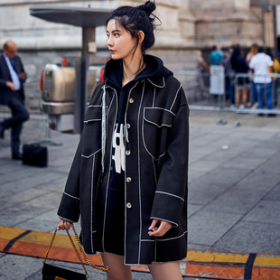 2020秋冬新款大衣女中长款明线撞色设计师小众潮流炸街休闲外套潮