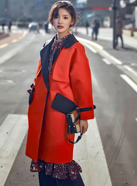 红色风衣女中长款年轻秋季休闲廓型欧洲站宽松显瘦双排扣撞色外套