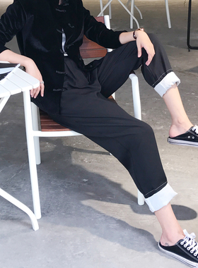 春秋新款黑色卷边九分裤阔腿裤女高腰垂感港味chic百搭休闲裤