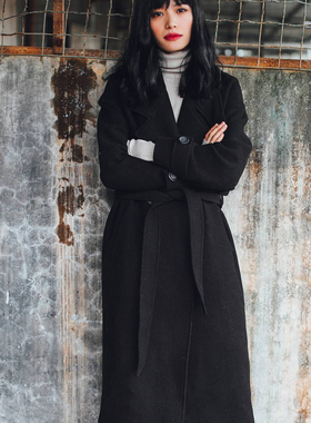 咖黑色斜纹西装领羊毛大衣宽松显瘦双排扣收腰系带长款过膝外套