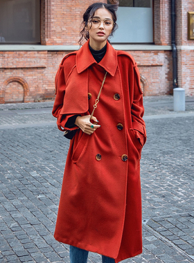 2024新款红色毛呢外套时尚宽松双排扣大衣铁锈红中长款显瘦英伦风