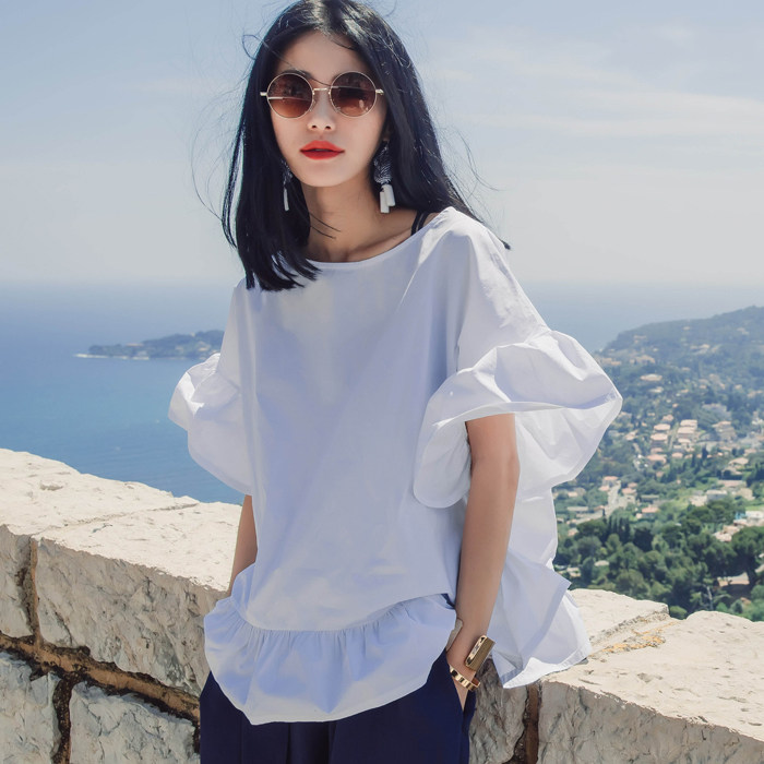 原创设计夏季新款欧美风清新活力荷叶袖花瓣上衣女学院风短袖体恤