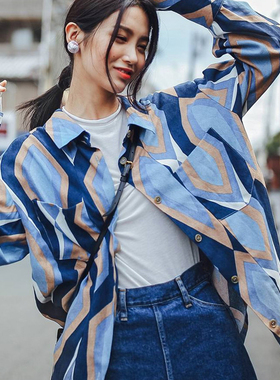 原创设计复古菱格结构衬衫女秋季新款宽松显瘦bf风蓝色麂皮绒衬衣