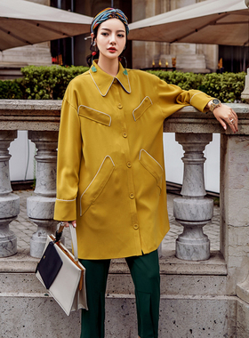 秋季新品复古包边撞色几何线条衬衫宽松百搭中长款黄色上衣女