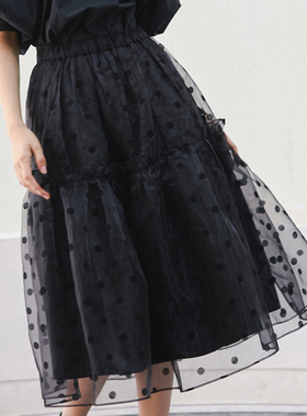 春秋网纱植绒半身裙欧根纱长款黑色法式高腰蓬蓬裙波点半身裙宽松
