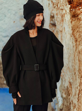 复古英伦风廓型V领宽松黑色西装花苞袖收腰系带百搭外套宽松显瘦