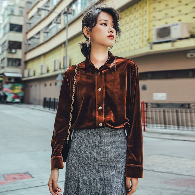 秋季新款丝绒贝壳扣丝绒女式衬衫