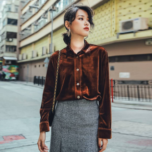 长袖 Aki.design秋季 衬衫 复古百搭宽松贝壳扣丝绒女式 上衣 新款