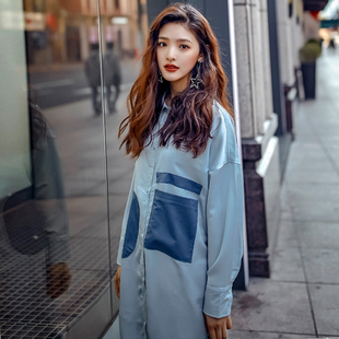 裙中长款 秋装 衬衫 原创设计欧洲站百搭拼接宽松长袖 衬衣外套 新款