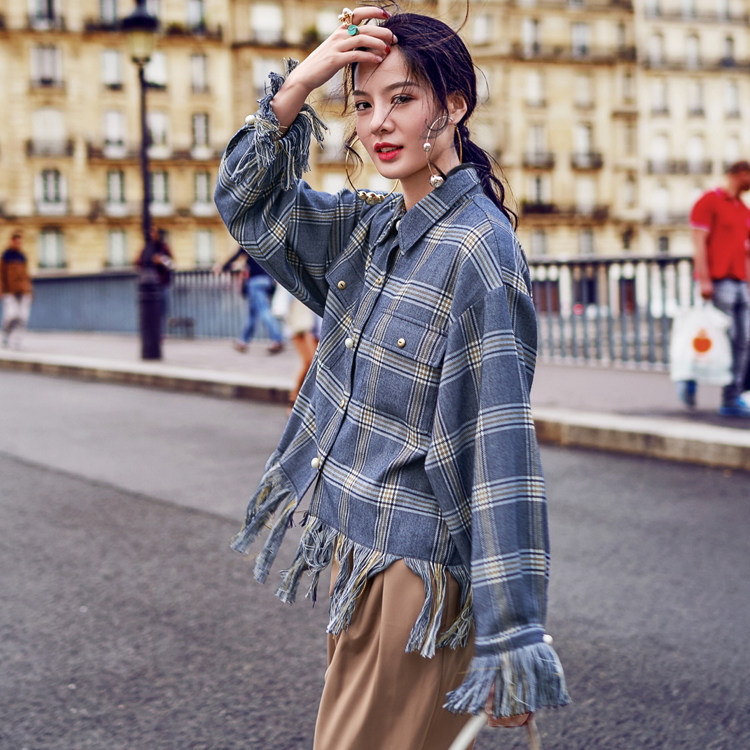 秋季新品原创设计感复古风格子流苏衬衫宽松显瘦短款上衣外套女