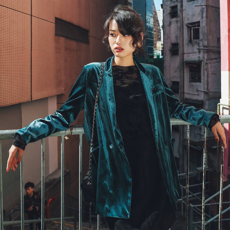 原创设计丝绒西装纯色长袖宽松