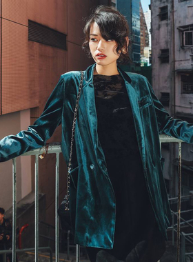 原创设计中长款丝绒西装女复古百搭宽松显瘦双排扣丝绒外套深蓝色
