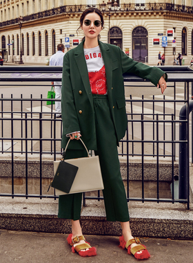 春秋新品设计款开叉时尚七分裤宽松廓型双排扣外套绿色西装套装