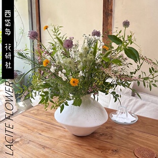 西岱岛 陶瓷出口原单大牌软装白色矮花瓶可水培侘寂风奶油风