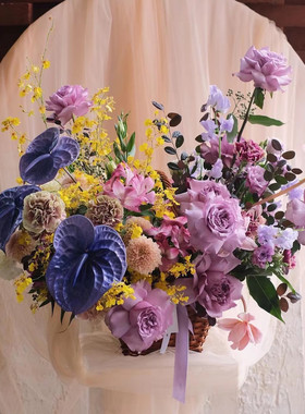 西岱岛 新款北京同城鲜花时尚生日黄紫色开业乔迁祝福手提大花篮