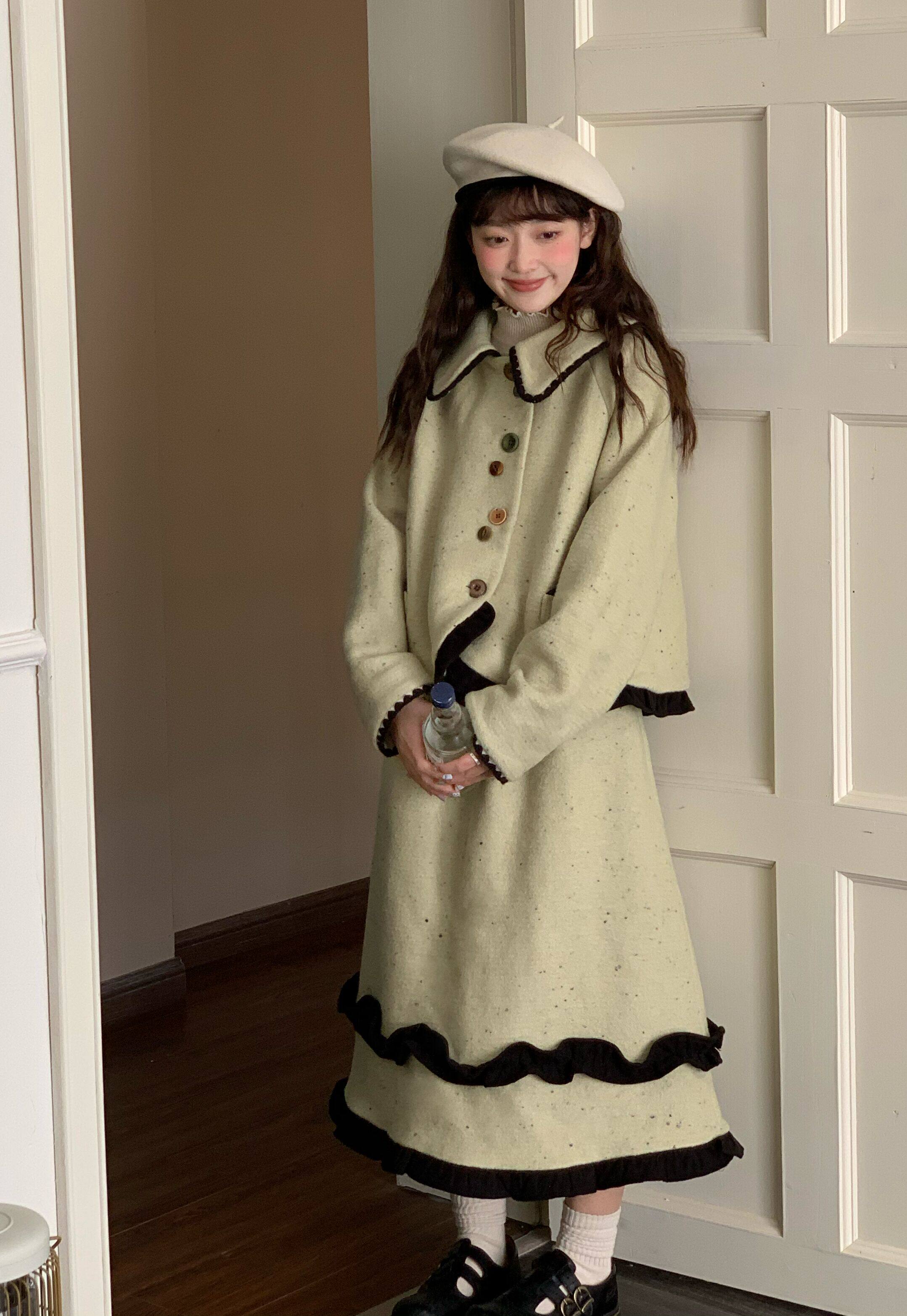 蛋包饭餐厅抹茶绿黑色撞色花边气质杂点名媛套装 新品95折