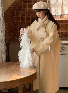 蛋包饭餐厅 大衣女2025新款奶黄色毛呢外套花边少女送毛绒围巾