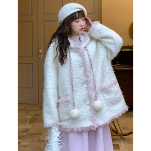 蛋包饭餐厅【雪雾鸢尾】连帽毛绒可爱短外套女冬季宽松奶呼呼上衣