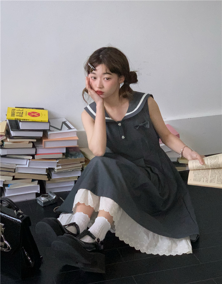 蛋包饭餐厅【航海少女】裙子2025夏日系少女复古海军领背带连衣裙
